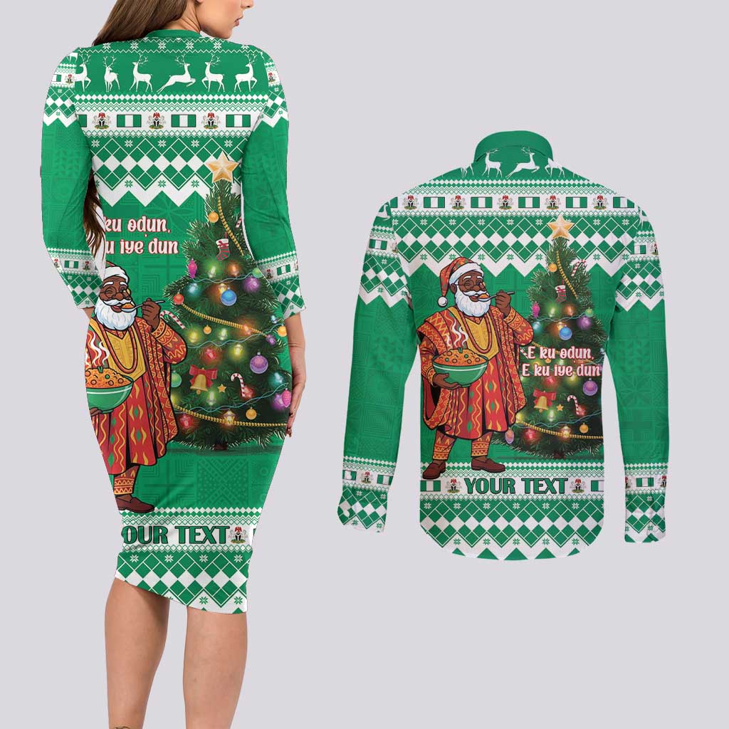 Personalized Nigeria Christmas Couples Matching Long Sleeve Bodycon Dress and Long Sleeve Button Shirt Black Santa With Jollof Rice - Wonder Print Shop
