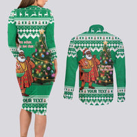 Personalized Nigeria Christmas Couples Matching Long Sleeve Bodycon Dress and Long Sleeve Button Shirt Black Santa With Jollof Rice - Wonder Print Shop
