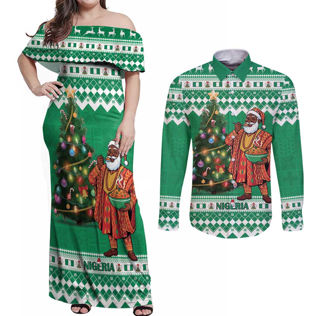Personalized Nigeria Christmas Couples Matching Off Shoulder Maxi Dress and Long Sleeve Button Shirt Black Santa With Jollof Rice - Wonder Print Shop