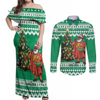 Personalized Nigeria Christmas Couples Matching Off Shoulder Maxi Dress and Long Sleeve Button Shirt Black Santa With Jollof Rice - Wonder Print Shop