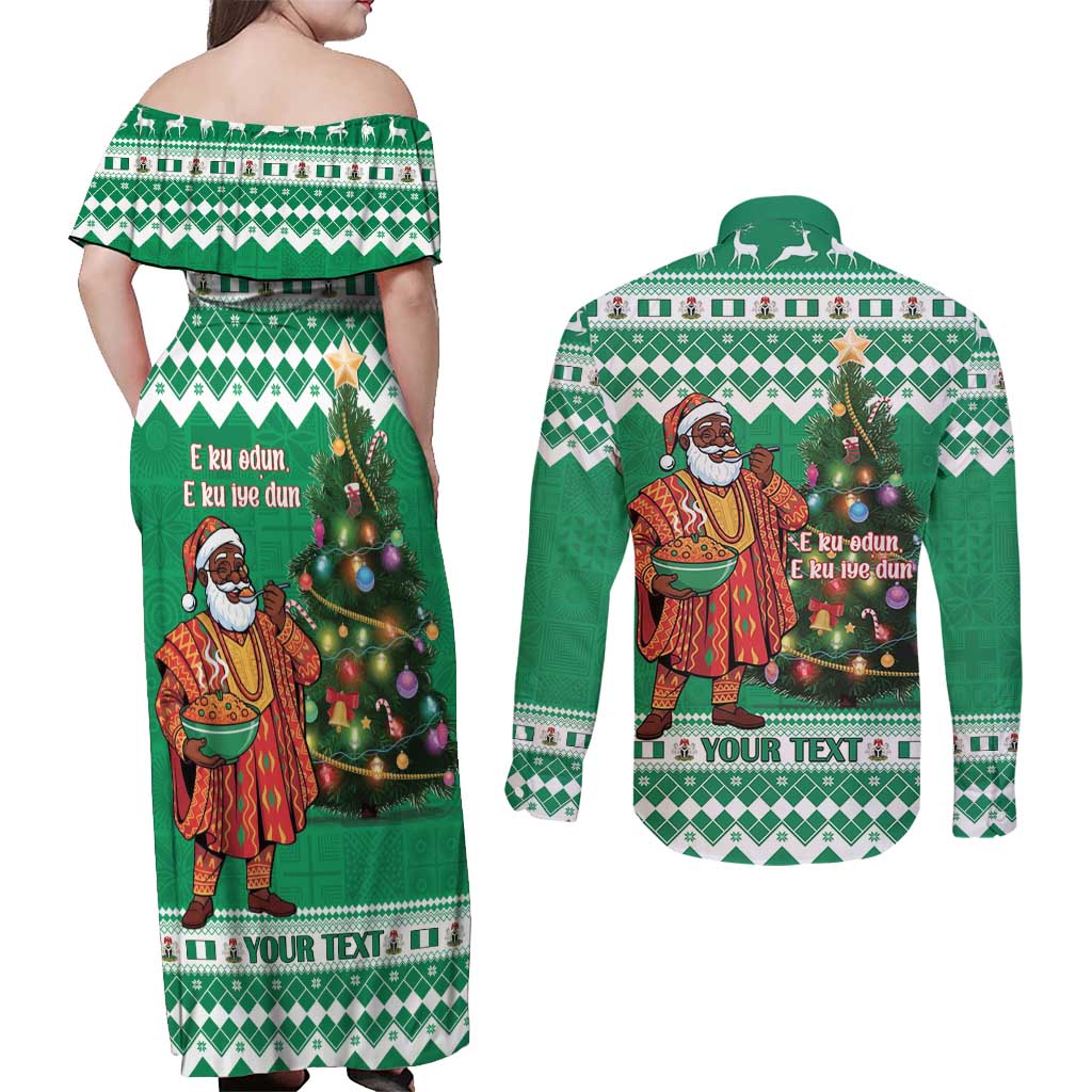 Personalized Nigeria Christmas Couples Matching Off Shoulder Maxi Dress and Long Sleeve Button Shirt Black Santa With Jollof Rice - Wonder Print Shop