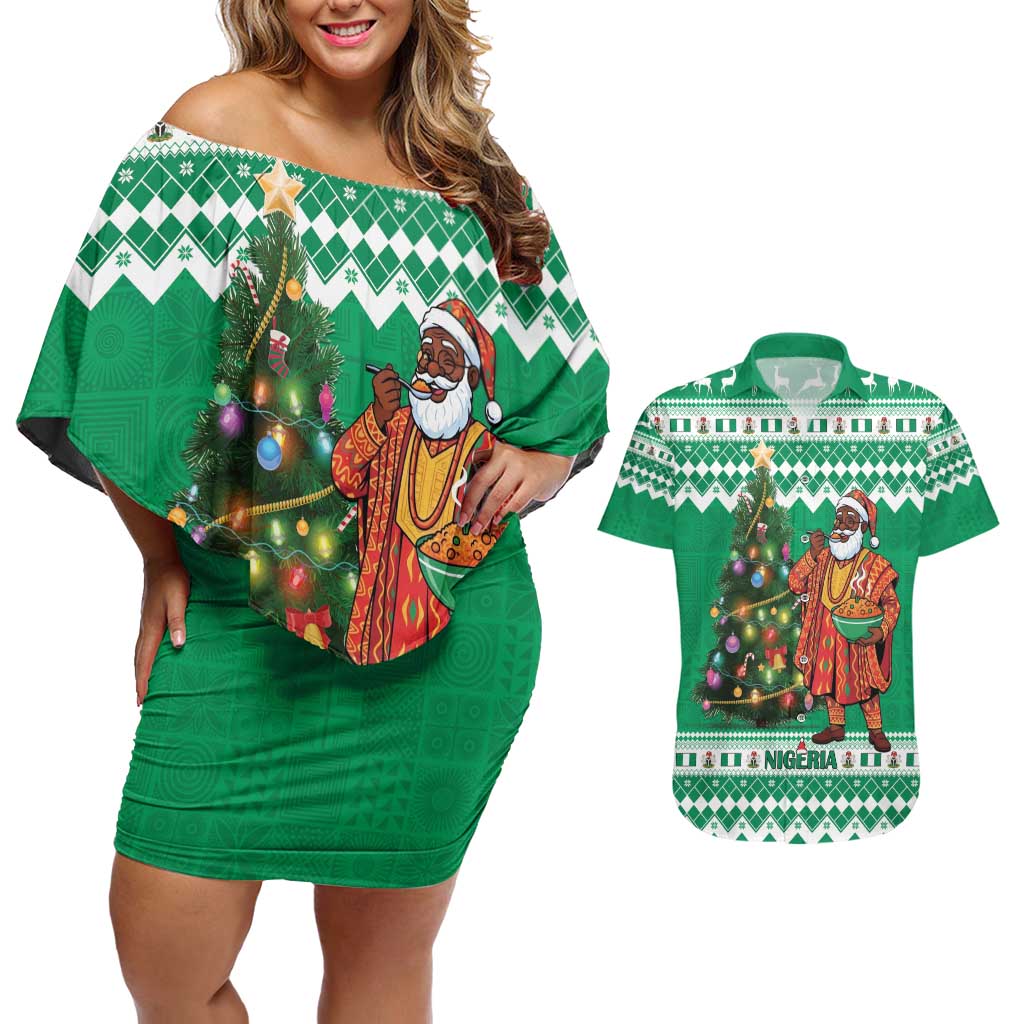 Personalized Nigeria Christmas Couples Matching Off Shoulder Short Dress and Hawaiian Shirt Black Santa With Jollof Rice - Wonder Print Shop