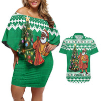 Personalized Nigeria Christmas Couples Matching Off Shoulder Short Dress and Hawaiian Shirt Black Santa With Jollof Rice - Wonder Print Shop