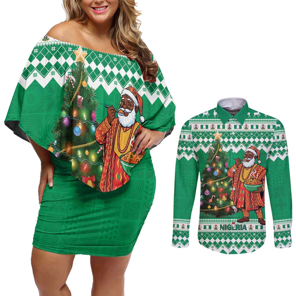 Personalized Nigeria Christmas Couples Matching Off Shoulder Short Dress and Long Sleeve Button Shirt Black Santa With Jollof Rice - Wonder Print Shop