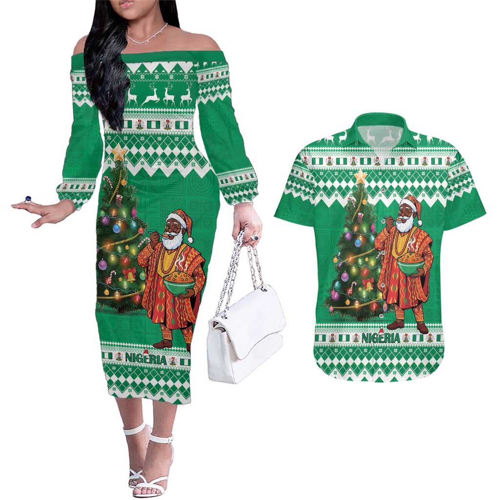 Personalized Nigeria Christmas Couples Matching Off The Shoulder Long Sleeve Dress and Hawaiian Shirt Black Santa With Jollof Rice - Wonder Print Shop