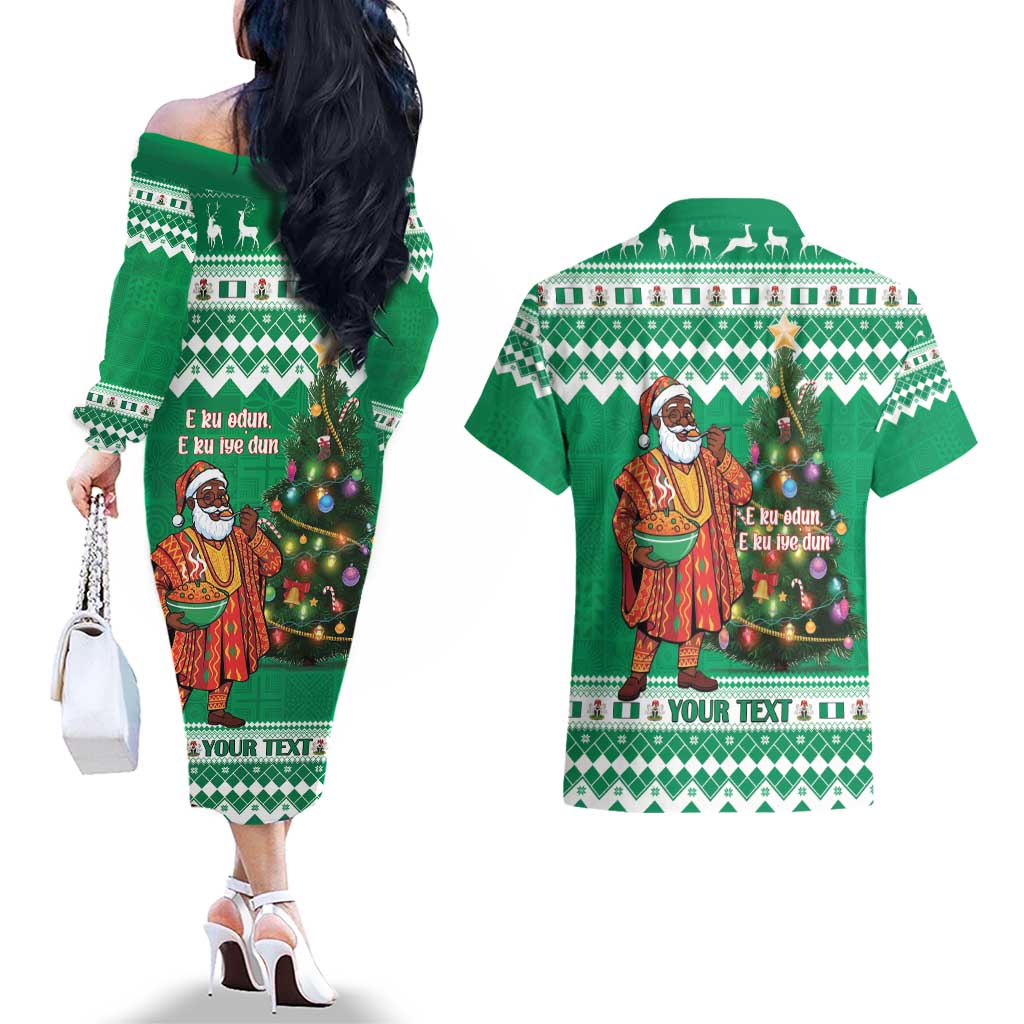 Personalized Nigeria Christmas Couples Matching Off The Shoulder Long Sleeve Dress and Hawaiian Shirt Black Santa With Jollof Rice - Wonder Print Shop
