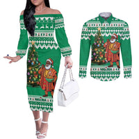 Personalized Nigeria Christmas Couples Matching Off The Shoulder Long Sleeve Dress and Long Sleeve Button Shirt Black Santa With Jollof Rice - Wonder Print Shop