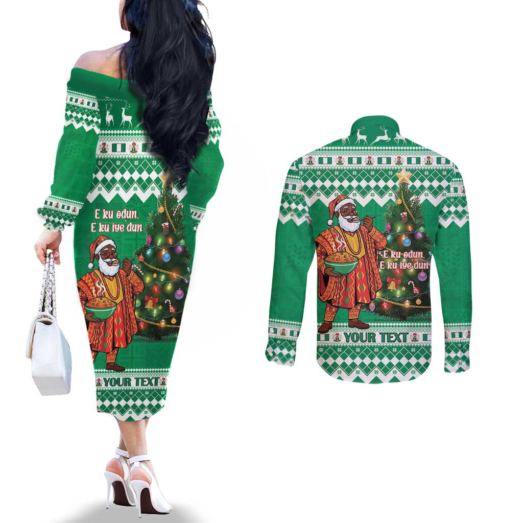 Personalized Nigeria Christmas Couples Matching Off The Shoulder Long Sleeve Dress and Long Sleeve Button Shirt Black Santa With Jollof Rice - Wonder Print Shop