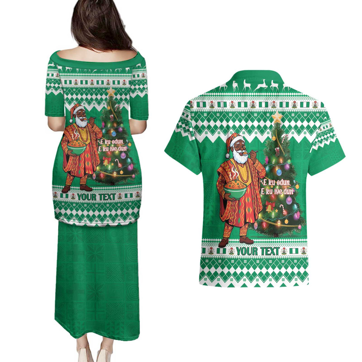 Personalized Nigeria Christmas Couples Matching Puletasi and Hawaiian Shirt Black Santa With Jollof Rice - Wonder Print Shop