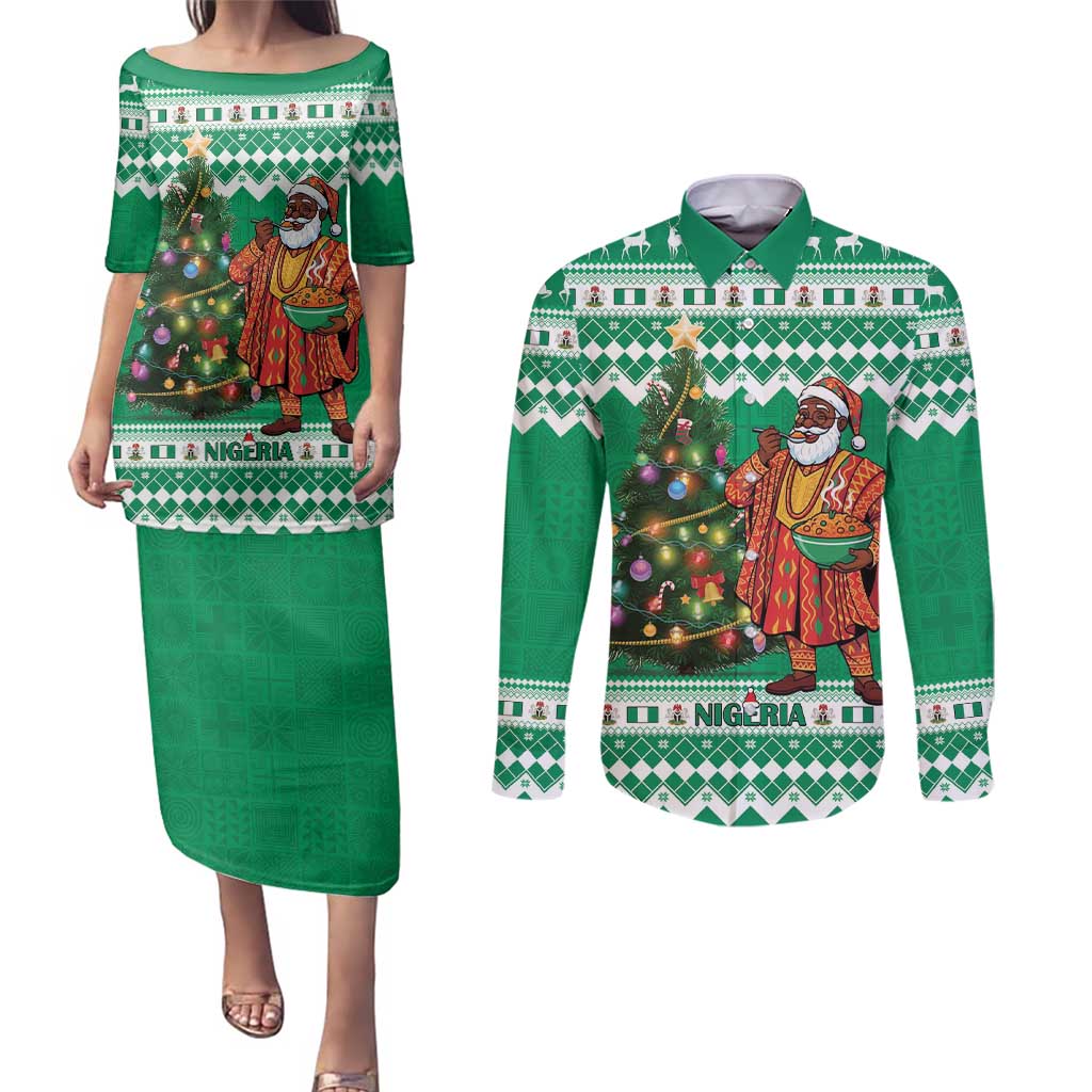 Personalized Nigeria Christmas Couples Matching Puletasi and Long Sleeve Button Shirt Black Santa With Jollof Rice - Wonder Print Shop