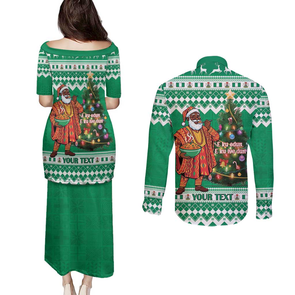 Personalized Nigeria Christmas Couples Matching Puletasi and Long Sleeve Button Shirt Black Santa With Jollof Rice - Wonder Print Shop