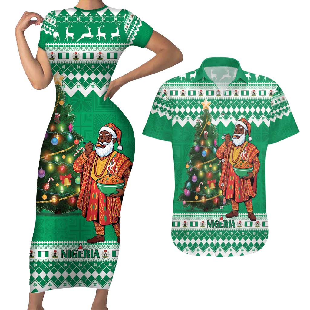 Personalized Nigeria Christmas Couples Matching Short Sleeve Bodycon Dress and Hawaiian Shirt Black Santa With Jollof Rice - Wonder Print Shop
