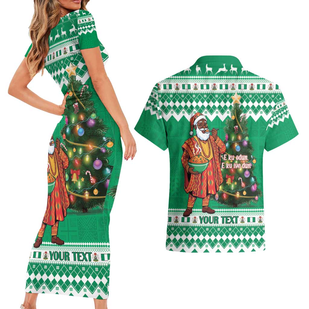 Personalized Nigeria Christmas Couples Matching Short Sleeve Bodycon Dress and Hawaiian Shirt Black Santa With Jollof Rice - Wonder Print Shop