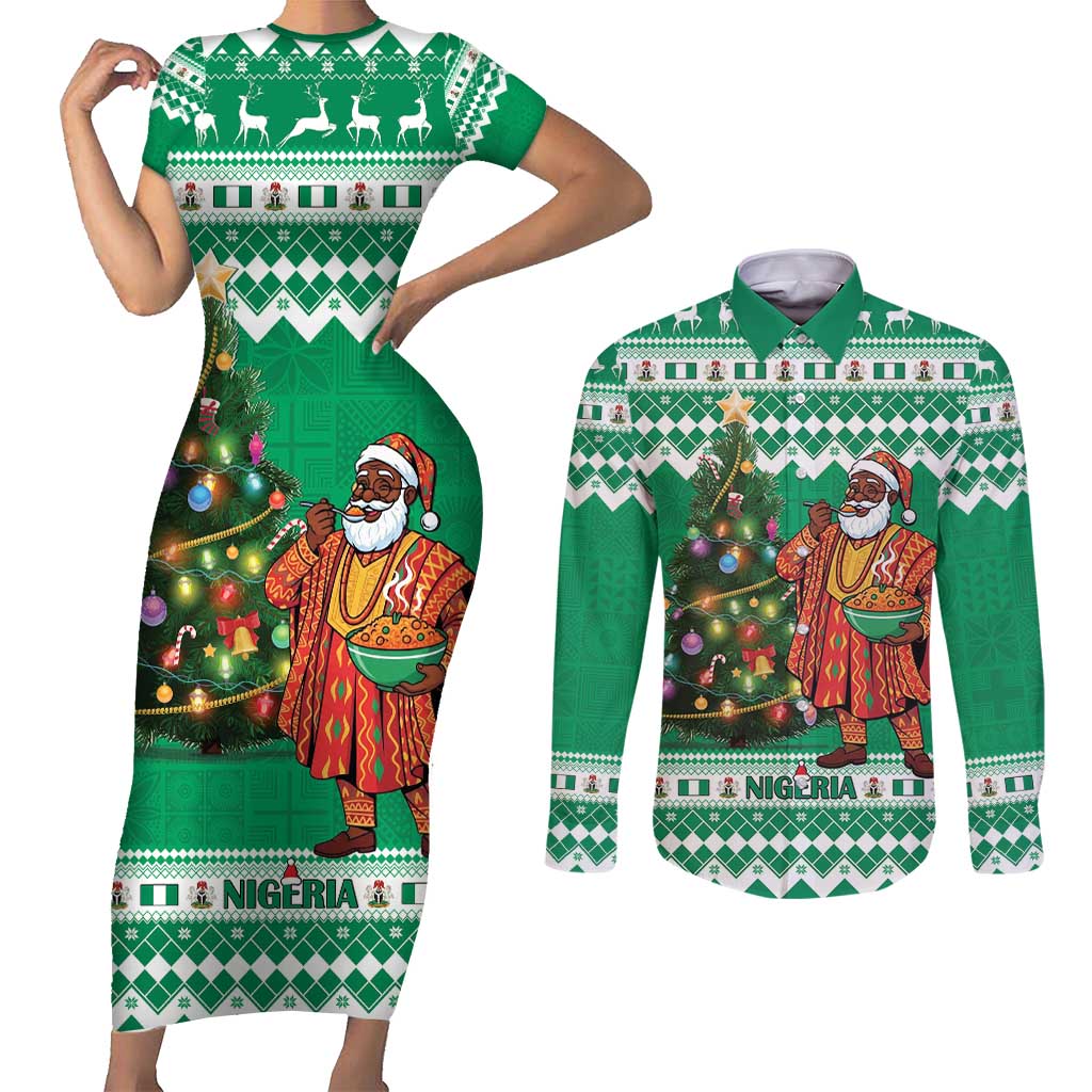 Personalized Nigeria Christmas Couples Matching Short Sleeve Bodycon Dress and Long Sleeve Button Shirt Black Santa With Jollof Rice - Wonder Print Shop