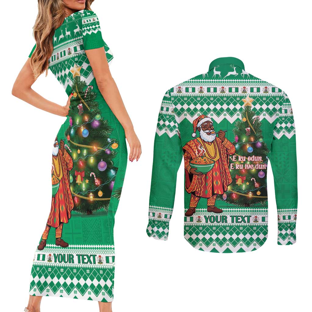 Personalized Nigeria Christmas Couples Matching Short Sleeve Bodycon Dress and Long Sleeve Button Shirt Black Santa With Jollof Rice - Wonder Print Shop