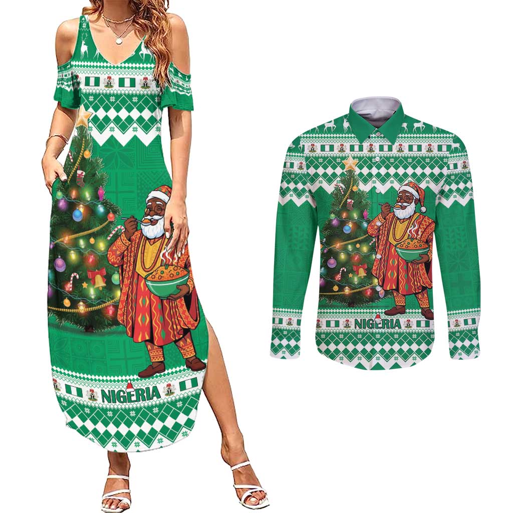Personalized Nigeria Christmas Couples Matching Summer Maxi Dress and Long Sleeve Button Shirt Black Santa With Jollof Rice - Wonder Print Shop