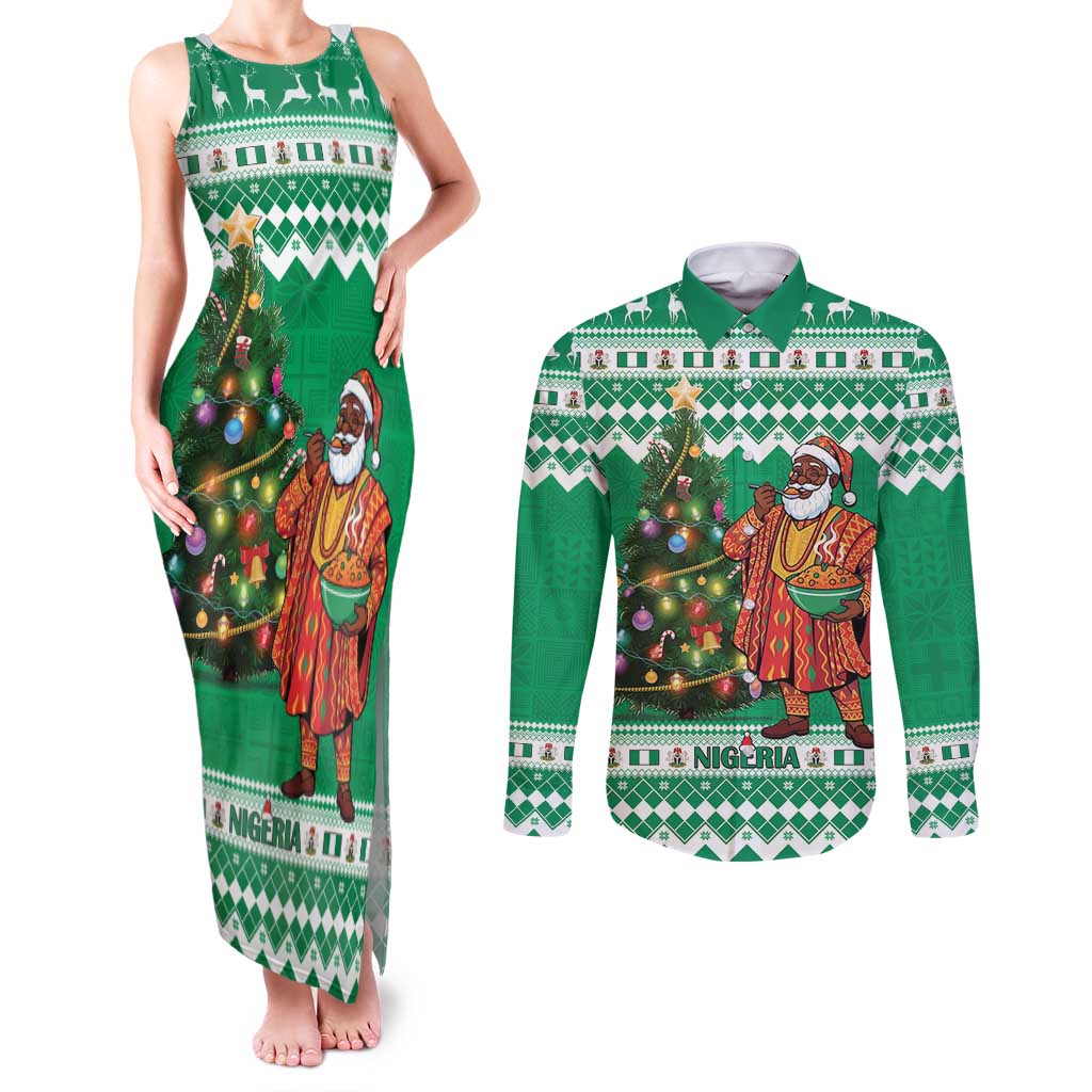 Personalized Nigeria Christmas Couples Matching Tank Maxi Dress and Long Sleeve Button Shirt Black Santa With Jollof Rice - Wonder Print Shop