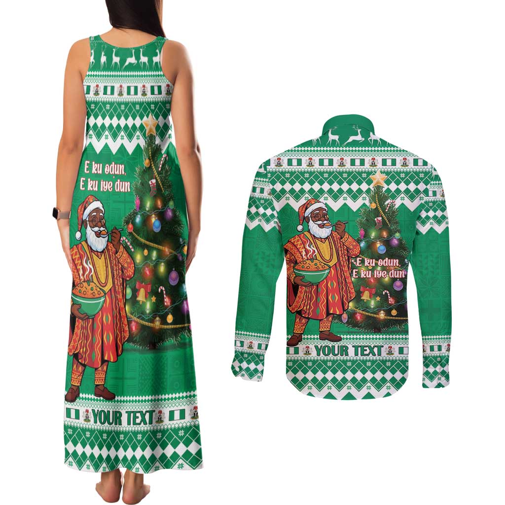 Personalized Nigeria Christmas Couples Matching Tank Maxi Dress and Long Sleeve Button Shirt Black Santa With Jollof Rice - Wonder Print Shop