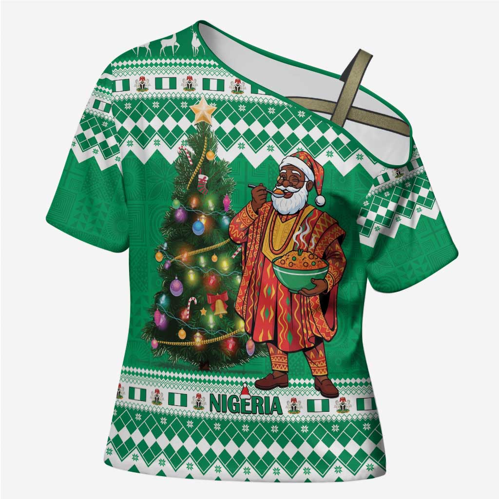 Personalized Nigeria Christmas Cross Shoulder Shirt Black Santa With Jollof Rice - Wonder Print Shop