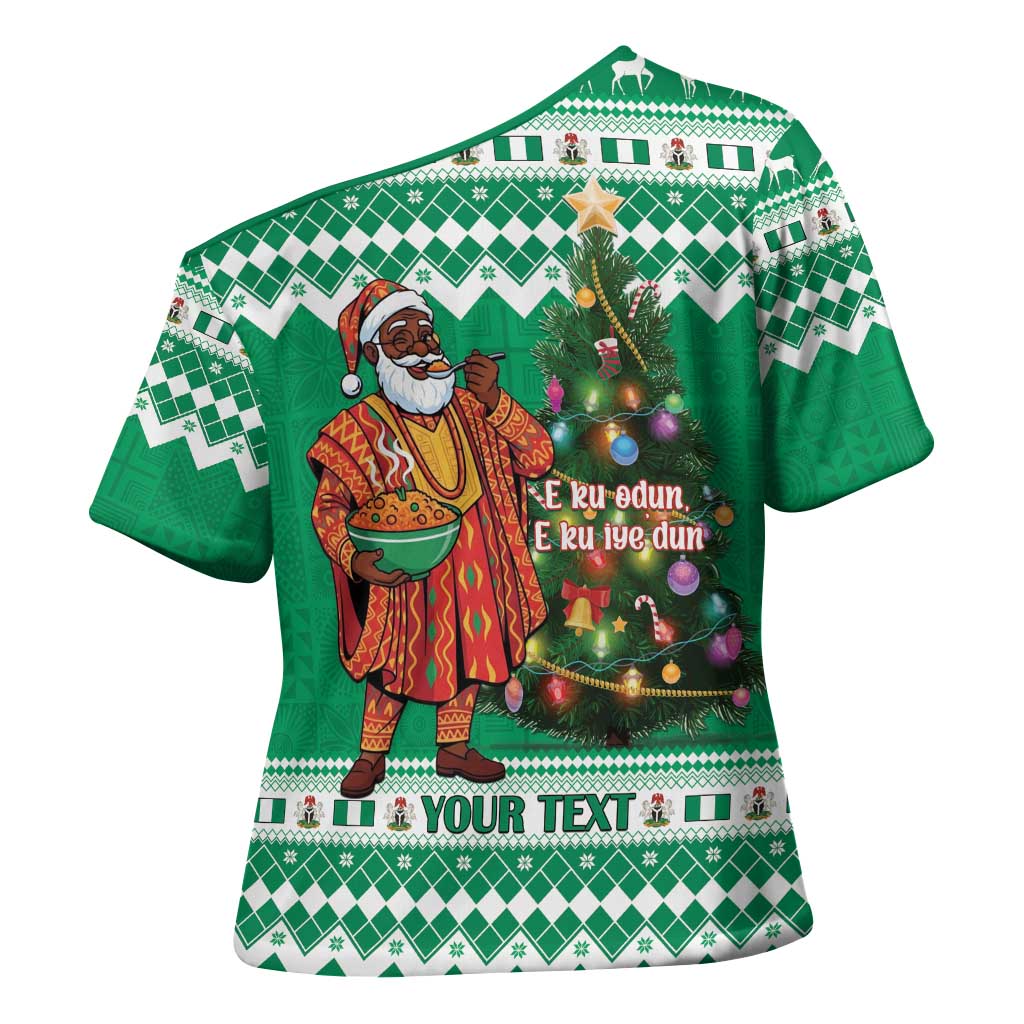 Personalized Nigeria Christmas Cross Shoulder Shirt Black Santa With Jollof Rice - Wonder Print Shop