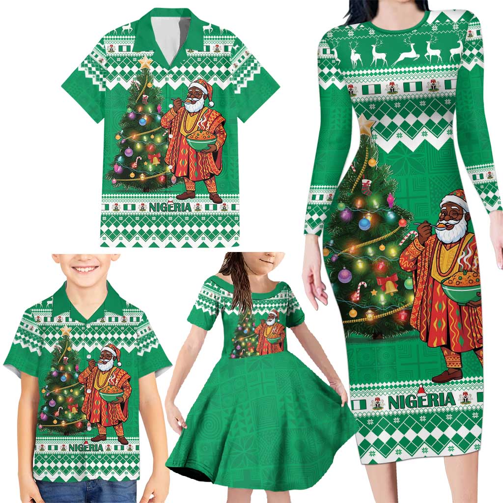Personalized Nigeria Christmas Family Matching Long Sleeve Bodycon Dress and Hawaiian Shirt Black Santa With Jollof Rice - Wonder Print Shop