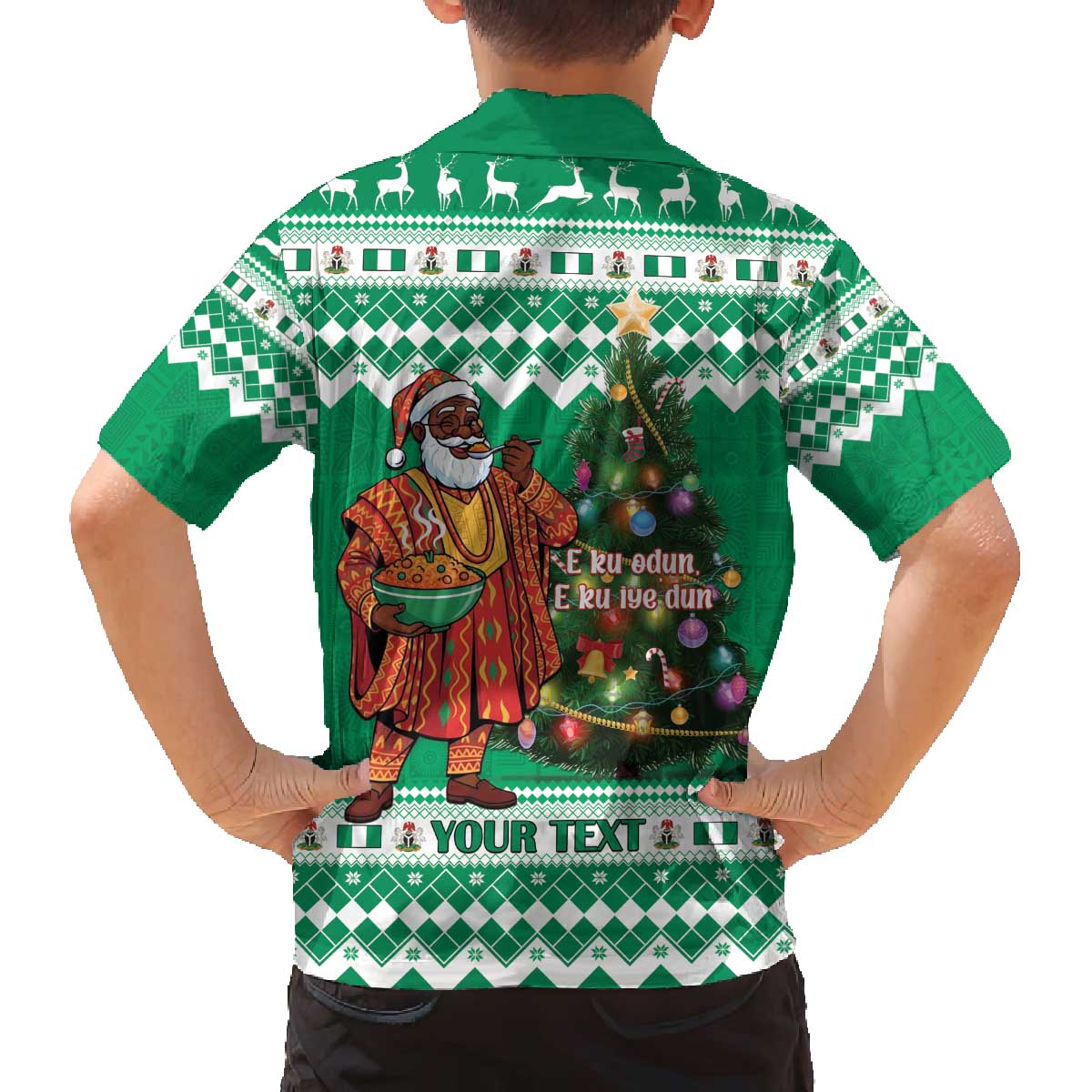 Personalized Nigeria Christmas Family Matching Off The Shoulder Long Sleeve Dress and Hawaiian Shirt Black Santa With Jollof Rice - Wonder Print Shop