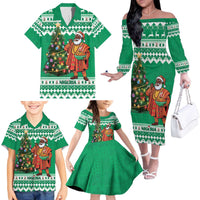 Personalized Nigeria Christmas Family Matching Off The Shoulder Long Sleeve Dress and Hawaiian Shirt Black Santa With Jollof Rice - Wonder Print Shop