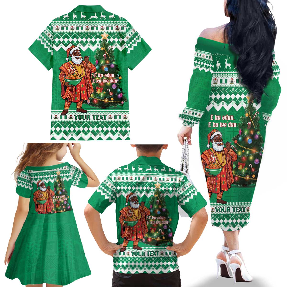 Personalized Nigeria Christmas Family Matching Off The Shoulder Long Sleeve Dress and Hawaiian Shirt Black Santa With Jollof Rice - Wonder Print Shop