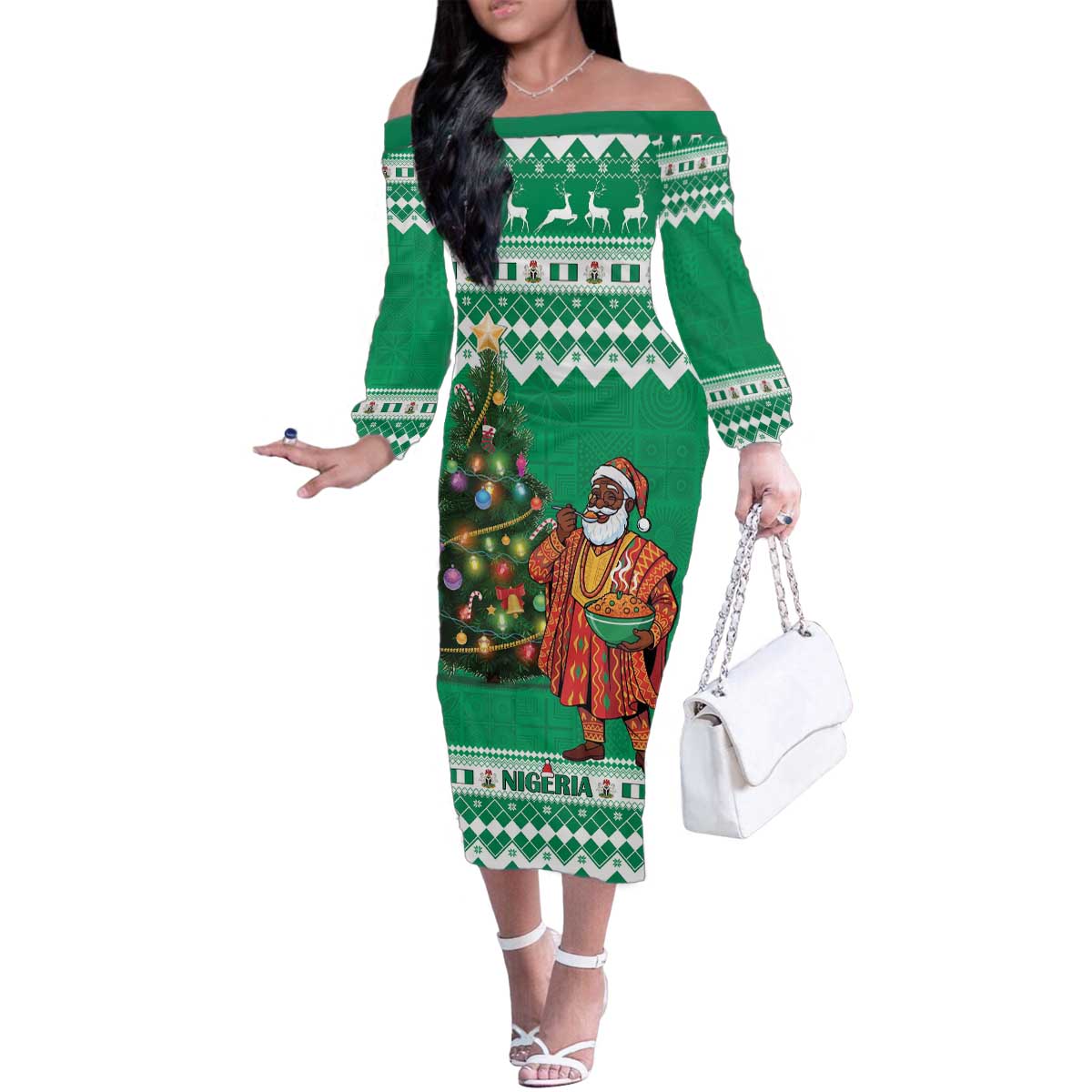 Personalized Nigeria Christmas Family Matching Off The Shoulder Long Sleeve Dress and Hawaiian Shirt Black Santa With Jollof Rice - Wonder Print Shop