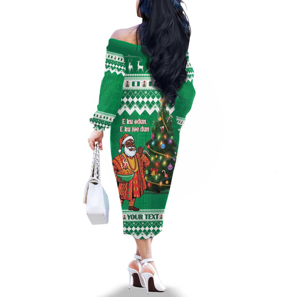Personalized Nigeria Christmas Family Matching Off The Shoulder Long Sleeve Dress and Hawaiian Shirt Black Santa With Jollof Rice - Wonder Print Shop