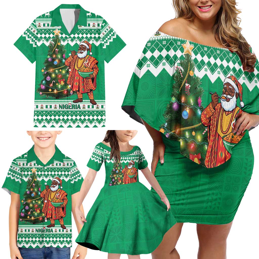 Personalized Nigeria Christmas Family Matching Off Shoulder Short Dress and Hawaiian Shirt Black Santa With Jollof Rice - Wonder Print Shop