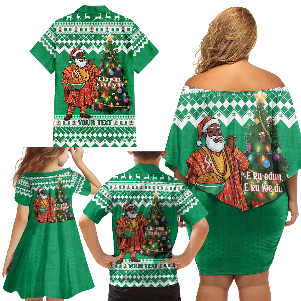 Personalized Nigeria Christmas Family Matching Off Shoulder Short Dress and Hawaiian Shirt Black Santa With Jollof Rice - Wonder Print Shop