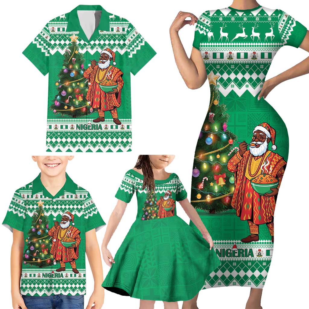 Personalized Nigeria Christmas Family Matching Short Sleeve Bodycon Dress and Hawaiian Shirt Black Santa With Jollof Rice - Wonder Print Shop