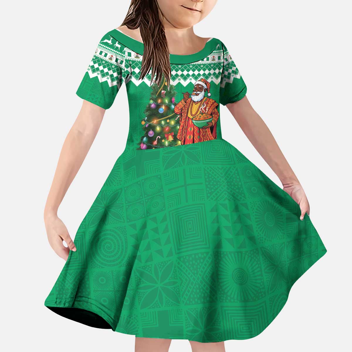 Personalized Nigeria Christmas Kid Short Sleeve Dress Black Santa With Jollof Rice - Wonder Print Shop