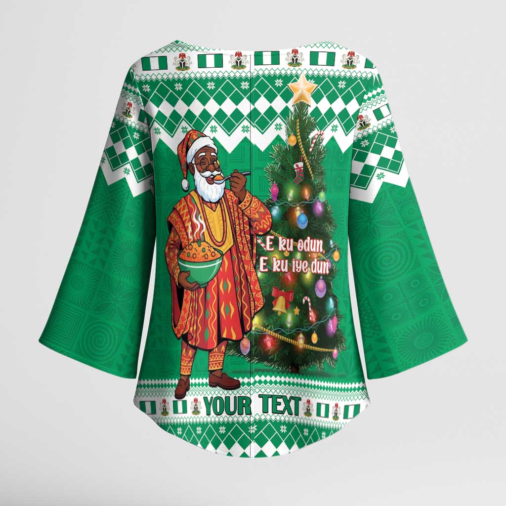 Personalized Nigeria Christmas Kimono Sleeve Blouse Black Santa With Jollof Rice - Wonder Print Shop