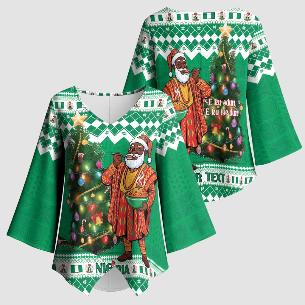 Personalized Nigeria Christmas Kimono Sleeve Blouse Black Santa With Jollof Rice - Wonder Print Shop