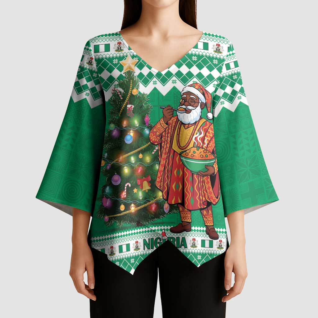 Personalized Nigeria Christmas Kimono Sleeve Blouse Black Santa With Jollof Rice - Wonder Print Shop