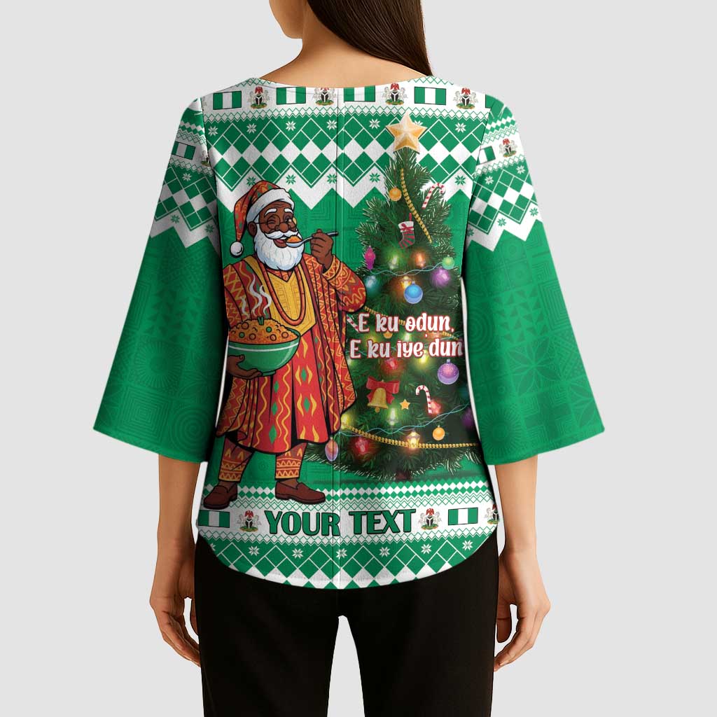 Personalized Nigeria Christmas Kimono Sleeve Blouse Black Santa With Jollof Rice - Wonder Print Shop