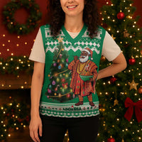 Nigeria Christmas Knitted V-Neck Vest Black Santa With Jollof Rice - Wonder Print Shop
