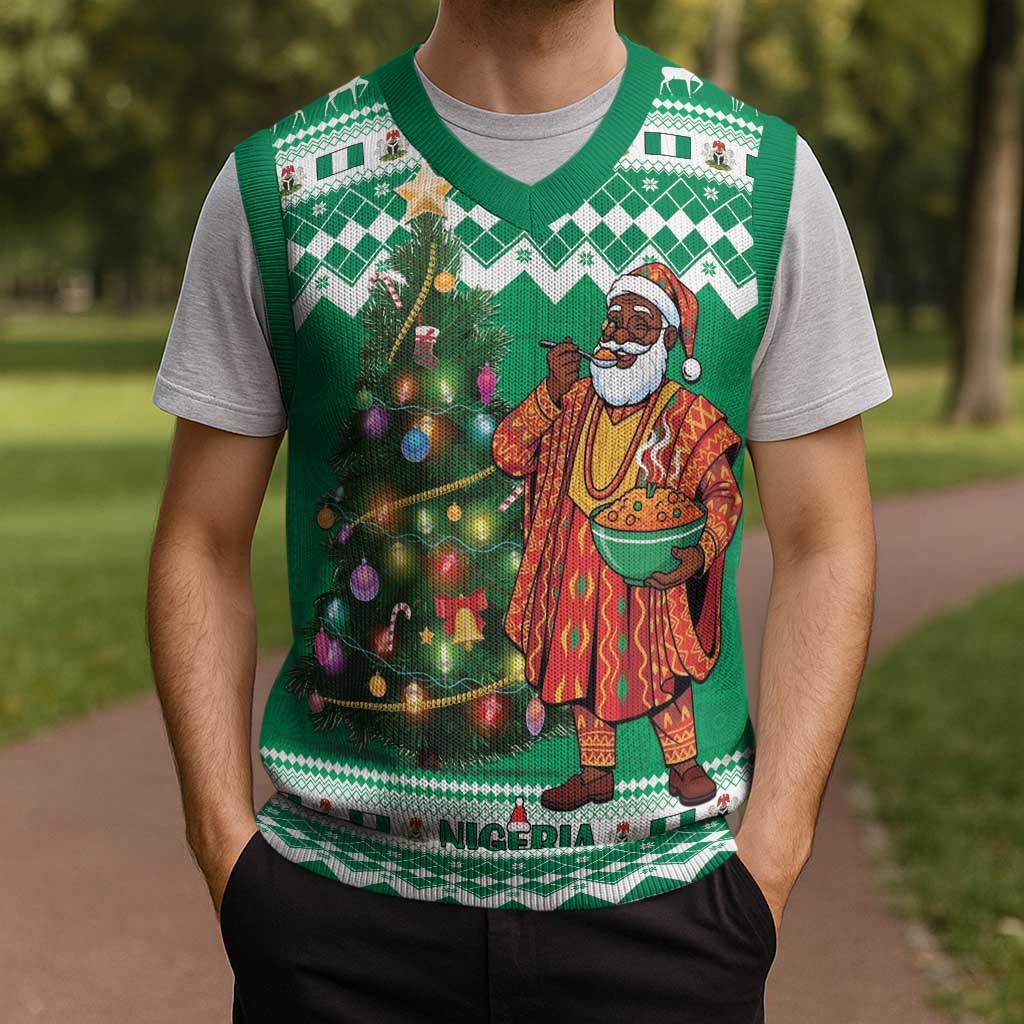 Nigeria Christmas Knitted V-Neck Vest Black Santa With Jollof Rice - Wonder Print Shop