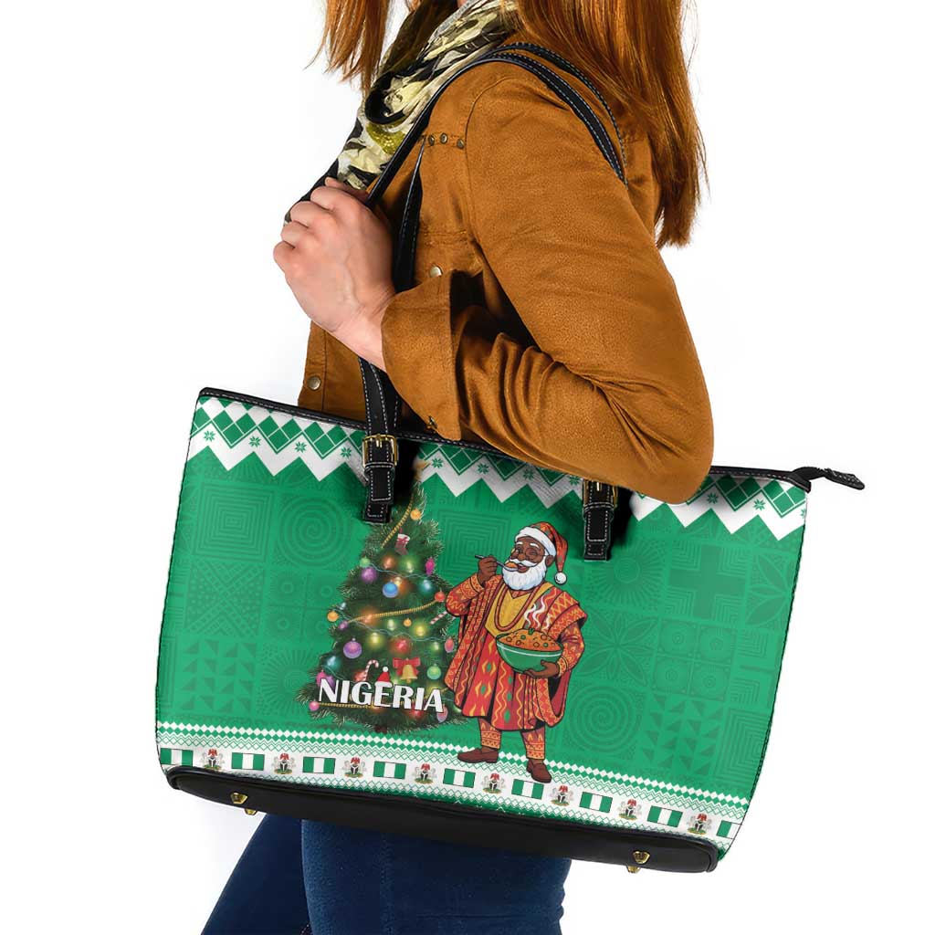 Nigeria Christmas Leather Tote Bag Black Santa With Jollof Rice - Wonder Print Shop