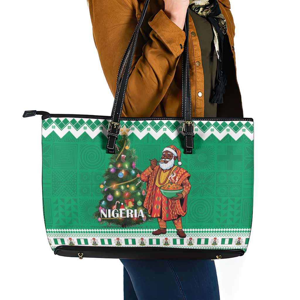 Nigeria Christmas Leather Tote Bag Black Santa With Jollof Rice - Wonder Print Shop