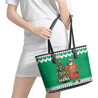 Nigeria Christmas Leather Tote Bag Black Santa With Jollof Rice - Wonder Print Shop