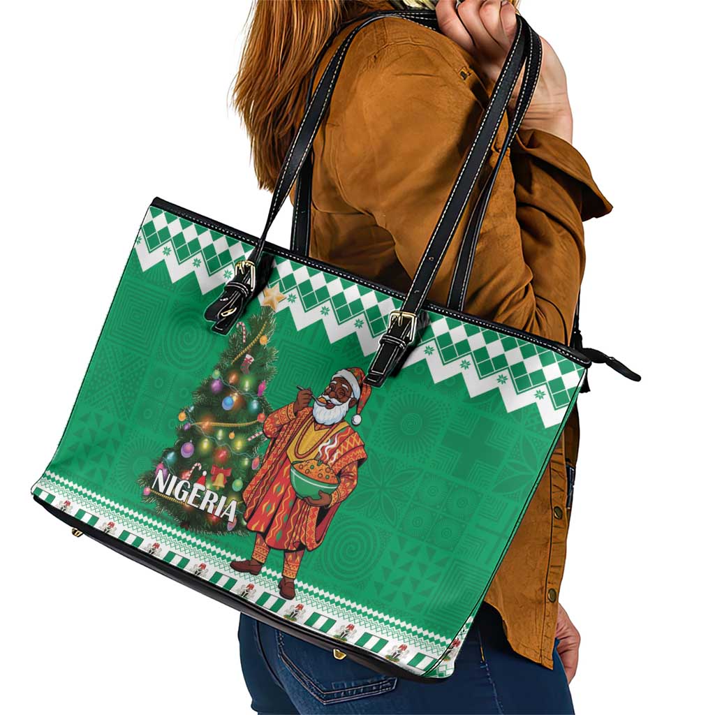 Nigeria Christmas Leather Tote Bag Black Santa With Jollof Rice - Wonder Print Shop