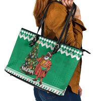 Nigeria Christmas Leather Tote Bag Black Santa With Jollof Rice - Wonder Print Shop