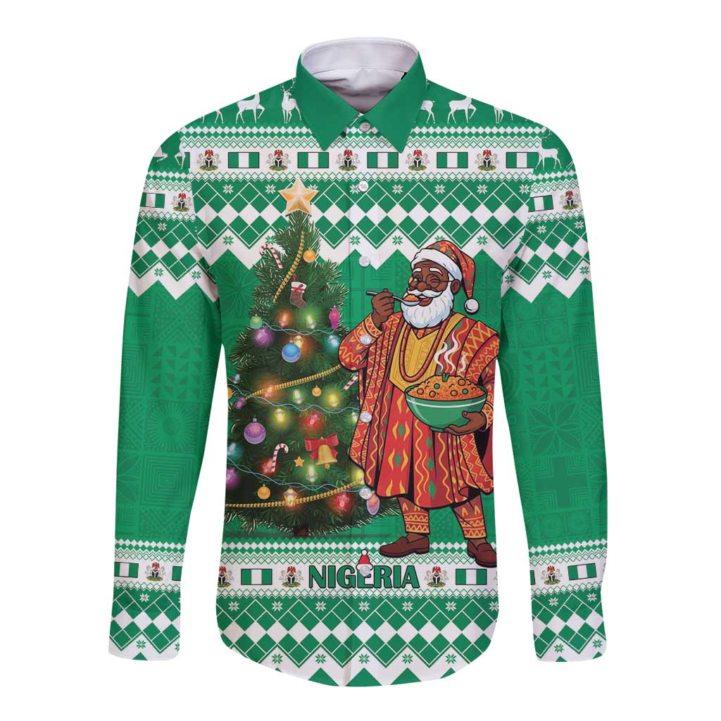 Personalized Nigeria Christmas Long Sleeve Button Shirt Black Santa With Jollof Rice - Wonder Print Shop