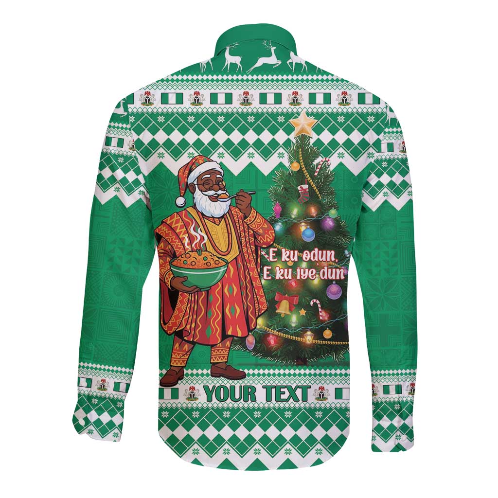 Personalized Nigeria Christmas Long Sleeve Button Shirt Black Santa With Jollof Rice - Wonder Print Shop