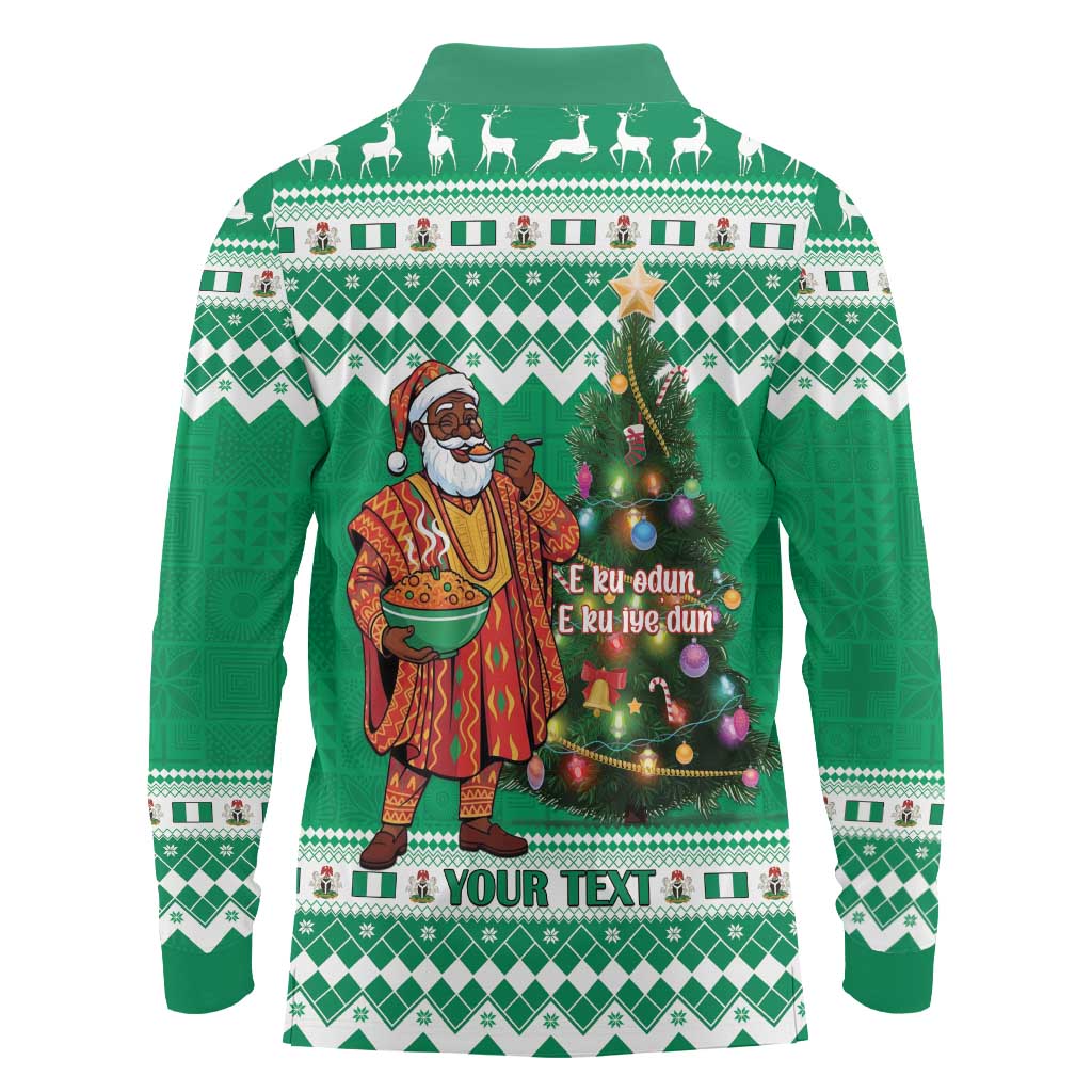 Personalized Nigeria Christmas Long Sleeve Polo Shirt Black Santa With Jollof Rice - Wonder Print Shop