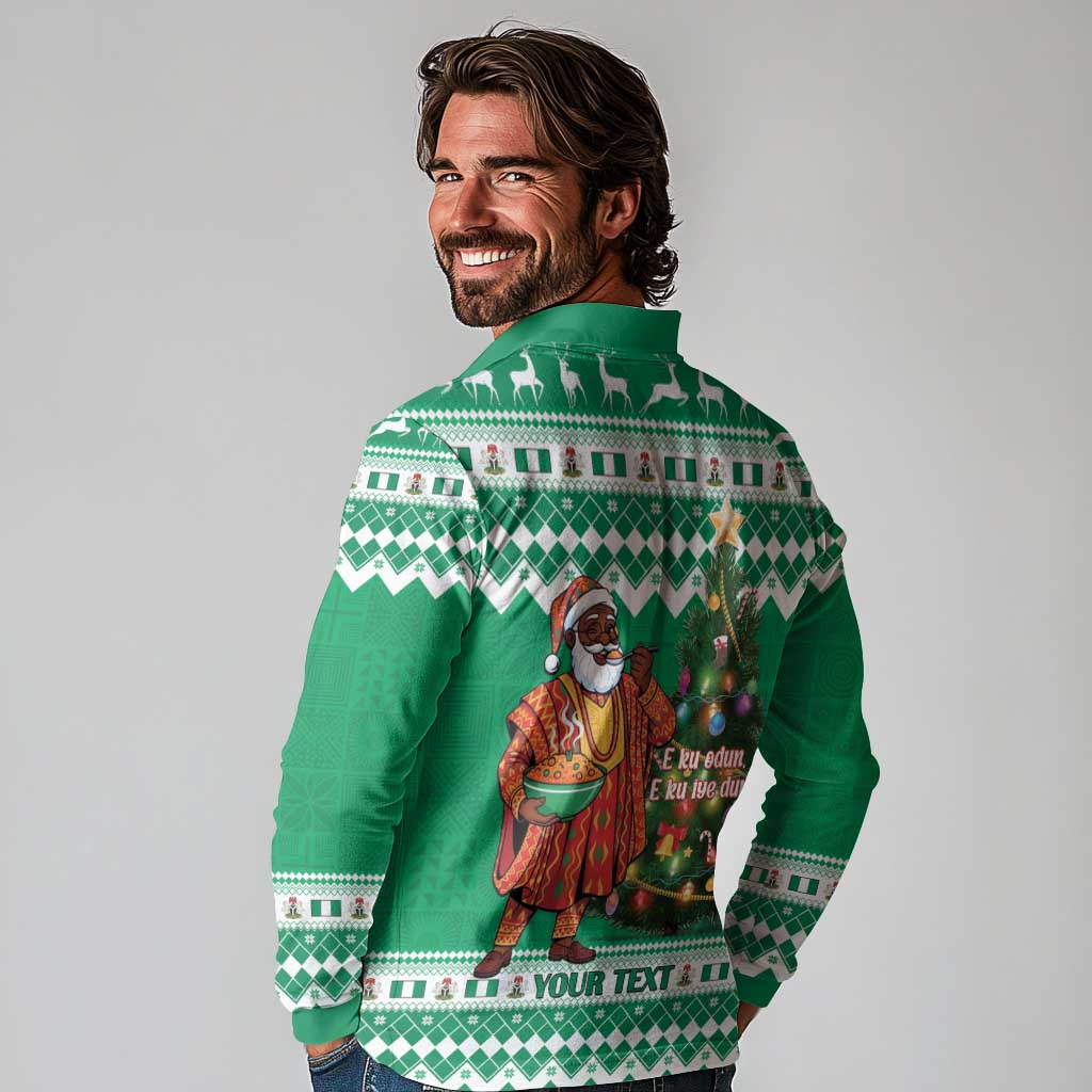 Personalized Nigeria Christmas Long Sleeve Polo Shirt Black Santa With Jollof Rice - Wonder Print Shop