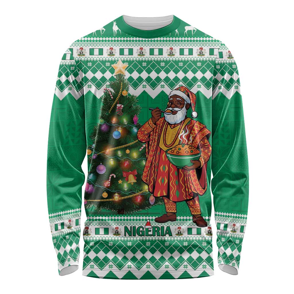 Personalized Nigeria Christmas Long Sleeve Shirt Black Santa With Jollof Rice - Wonder Print Shop